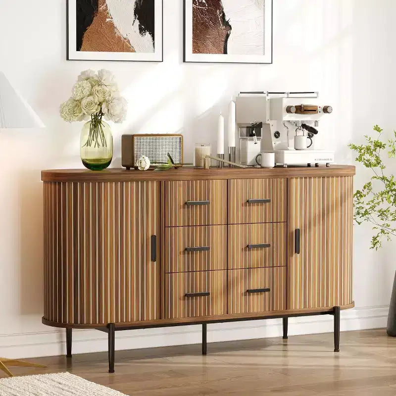 Side cabinet-style buffet cabinet, storage cabinet, living room/kitchen furniture with 6 drawers and 2 sliding doors, made of walnut wood