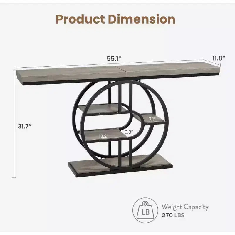 55 Industrial Narrow Table with 5-Tier Storage, Heavy-Duty O-Shaped Metal Frame Console Table for Living Room Space-Saving Long Entrance Table