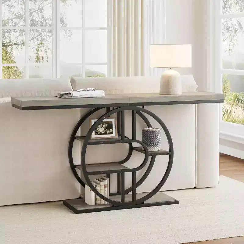 55 Industrial Narrow Table with 5-Tier Storage, Heavy-Duty O-Shaped Metal Frame Console Table for Living Room Space-Saving Long Entrance Table