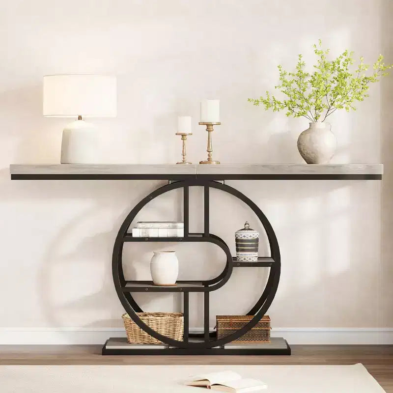 55 Industrial Narrow Table with 5-Tier Storage, Heavy-Duty O-Shaped Metal Frame Console Table for Living Room Space-Saving Long Entrance Table