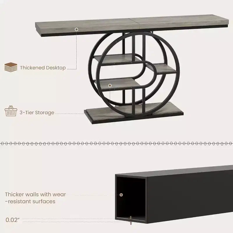 55 Industrial Narrow Table with 5-Tier Storage, Heavy-Duty O-Shaped Metal Frame Console Table for Living Room Space-Saving Long Entrance Table