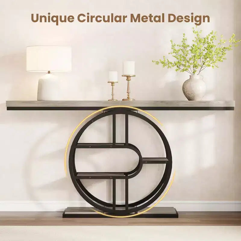55 Industrial Narrow Table with 5-Tier Storage, Heavy-Duty O-Shaped Metal Frame Console Table for Living Room Space-Saving Long Entrance Table