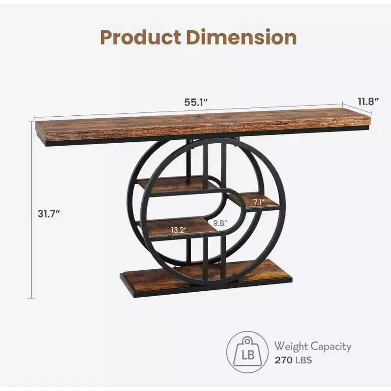 55 Industrial Narrow Table with 5-Tier Storage, Heavy-Duty O-Shaped Metal Frame Console Table for Living Room Space-Saving Long Entrance Table