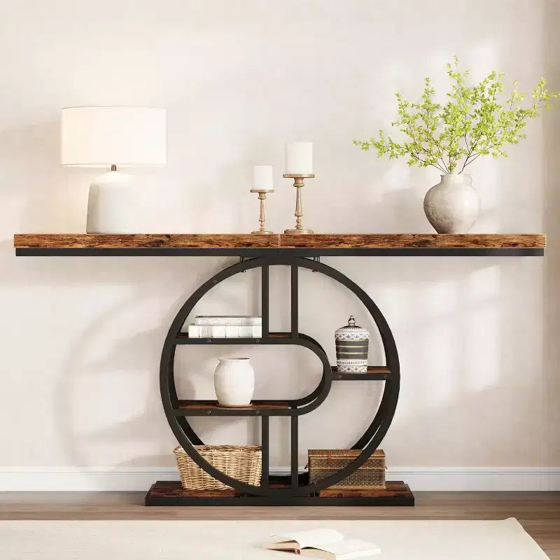 55 Industrial Narrow Table with 5-Tier Storage, Heavy-Duty O-Shaped Metal Frame Console Table for Living Room Space-Saving Long Entrance Table