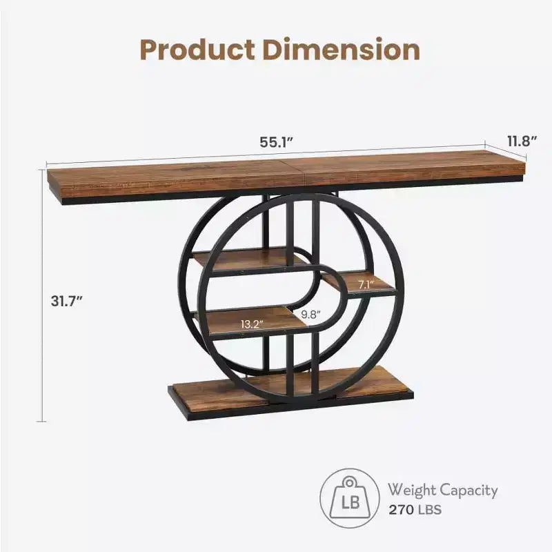 55 Industrial Narrow Table with 5-Tier Storage, Heavy-Duty O-Shaped Metal Frame Console Table for Living Room Space-Saving Long Entrance Table