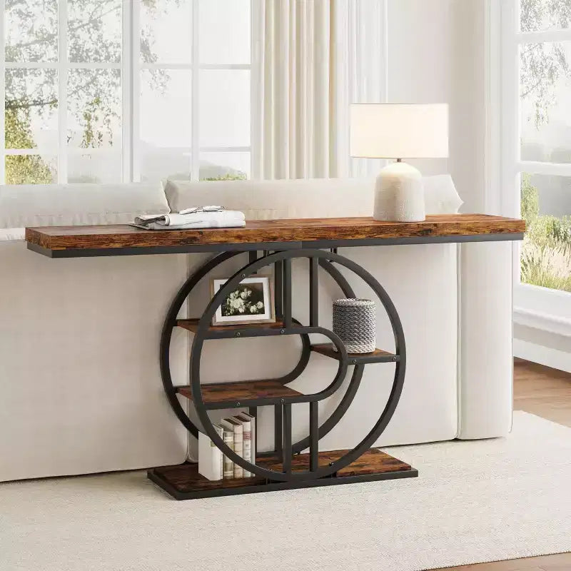 55 Industrial Narrow Table with 5-Tier Storage, Heavy-Duty O-Shaped Metal Frame Console Table for Living Room Space-Saving Long Entrance Table
