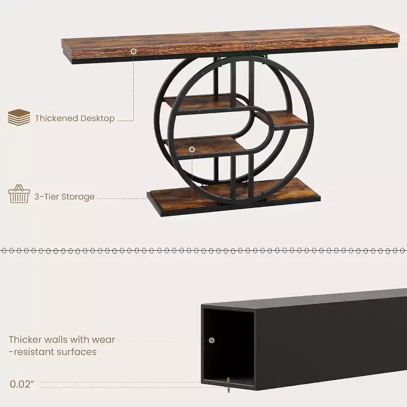 55 Industrial Narrow Table with 5-Tier Storage, Heavy-Duty O-Shaped Metal Frame Console Table for Living Room Space-Saving Long Entrance Table