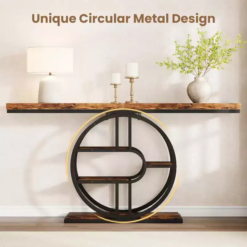 55 Industrial Narrow Table with 5-Tier Storage, Heavy-Duty O-Shaped Metal Frame Console Table for Living Room Space-Saving Long Entrance Table