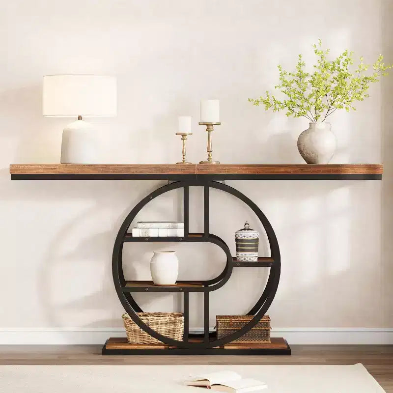 55 Industrial Narrow Table with 5-Tier Storage, Heavy-Duty O-Shaped Metal Frame Console Table for Living Room Space-Saving Long Entrance Table