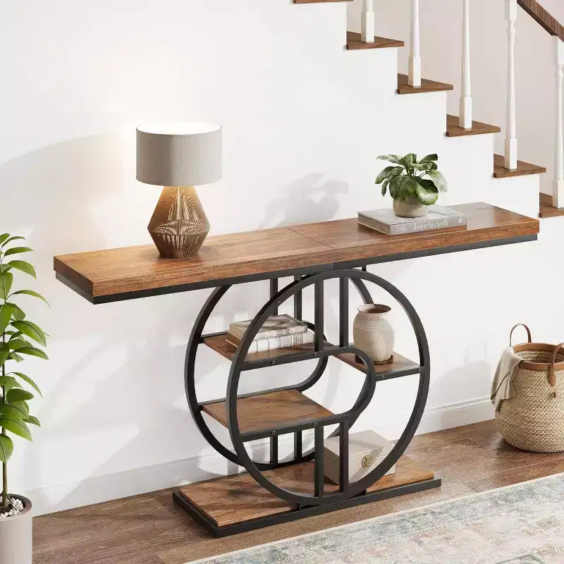 55 Industrial Narrow Table with 5-Tier Storage, Heavy-Duty O-Shaped Metal Frame Console Table for Living Room Space-Saving Long Entrance Table