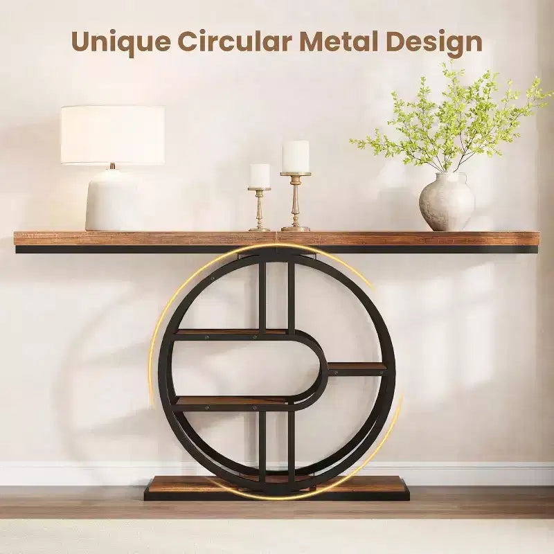 55 Industrial Narrow Table with 5-Tier Storage, Heavy-Duty O-Shaped Metal Frame Console Table for Living Room Space-Saving Long Entrance Table