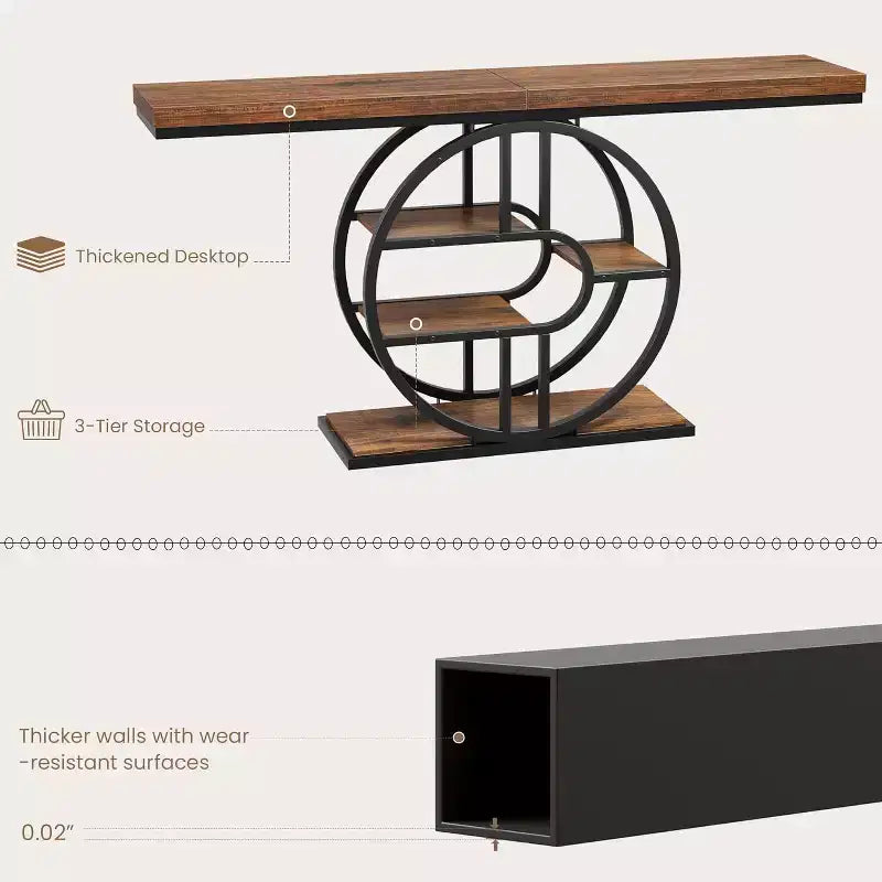 55 Industrial Narrow Table with 5-Tier Storage, Heavy-Duty O-Shaped Metal Frame Console Table for Living Room Space-Saving Long Entrance Table