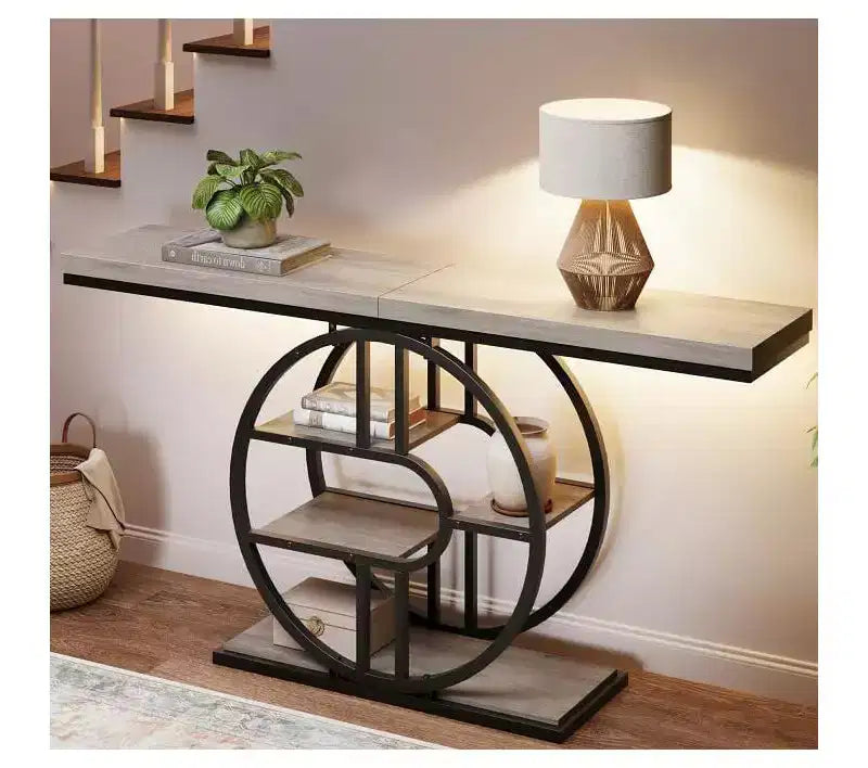 55 Industrial Narrow Table with 5-Tier Storage, Heavy-Duty O-Shaped Metal Frame Console Table for Living Room Space-Saving Long Entrance Table
