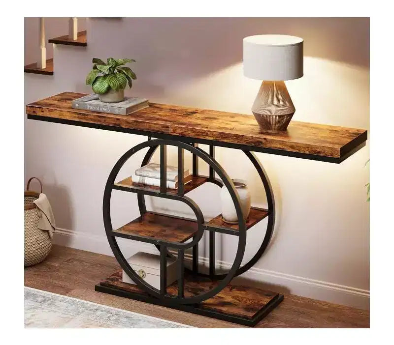 55 Industrial Narrow Table with 5-Tier Storage, Heavy-Duty O-Shaped Metal Frame Console Table for Living Room Space-Saving Long Entrance Table