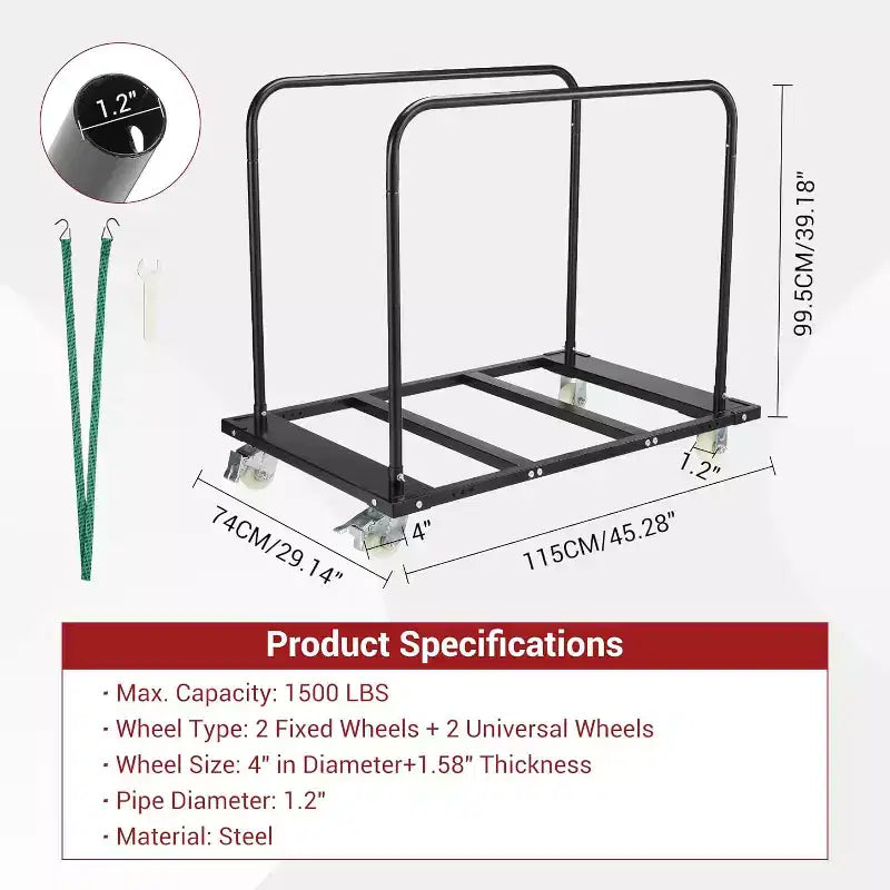1500 LB Heavy-Duty Steel Table Dolly, Lockable Wheels, Removable Handlebars
