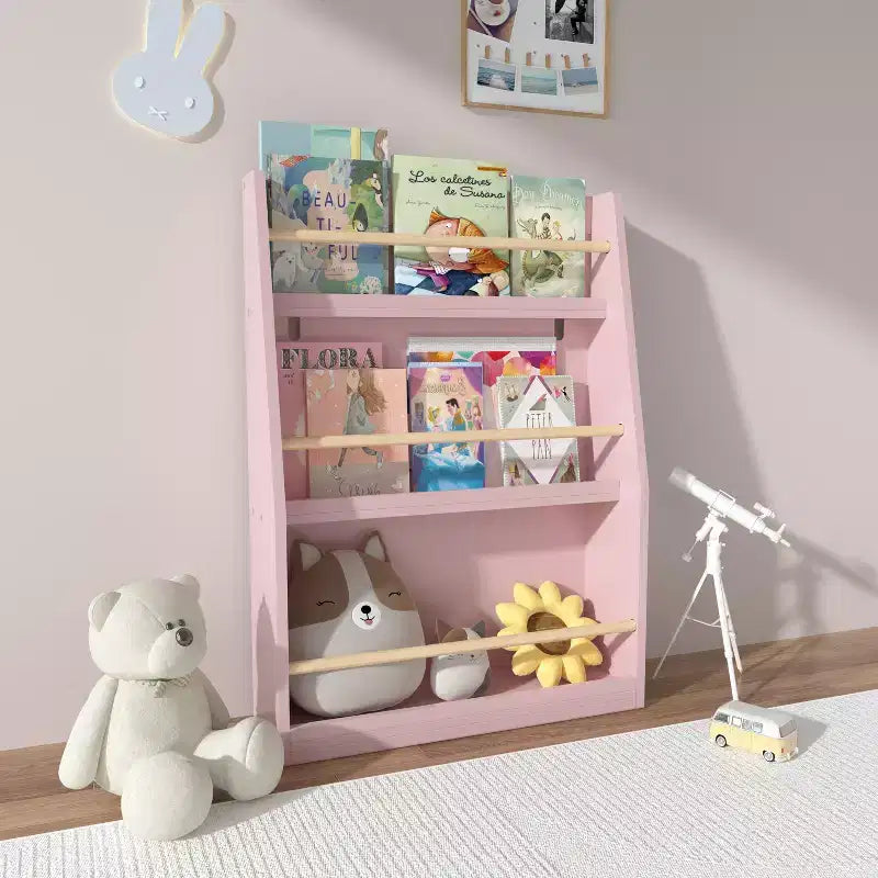 3-Tier Kids Front-Facing Bookshelf and Book Rack, Pink, Ages 3+