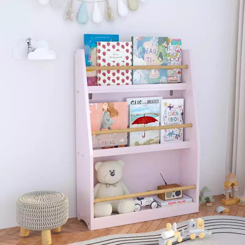 3-Tier Kids Front-Facing Bookshelf and Book Rack, Pink, Ages 3+