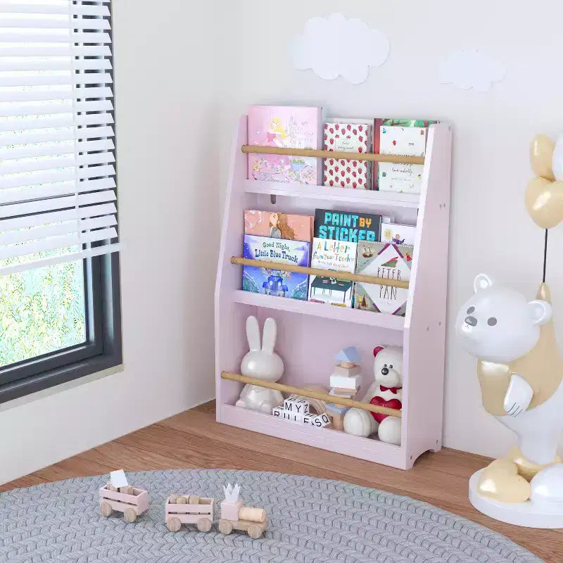 3-Tier Kids Front-Facing Bookshelf and Book Rack, Pink, Ages 3+