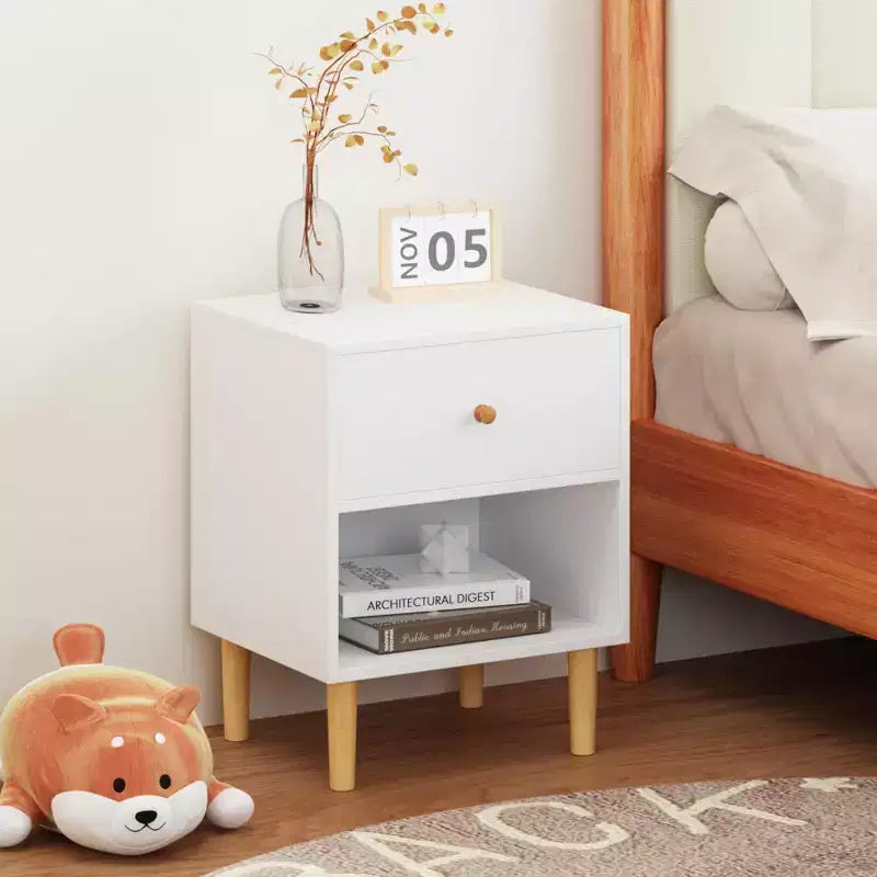 Kids Nightstand 23-Inch with 1 Drawer and 1 Shelf, White, Tool-Free Assembly