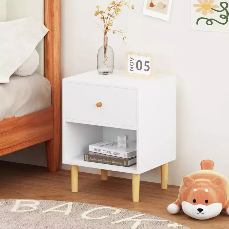 Kids Nightstand 23-Inch with 1 Drawer and 1 Shelf, White, Tool-Free Assembly