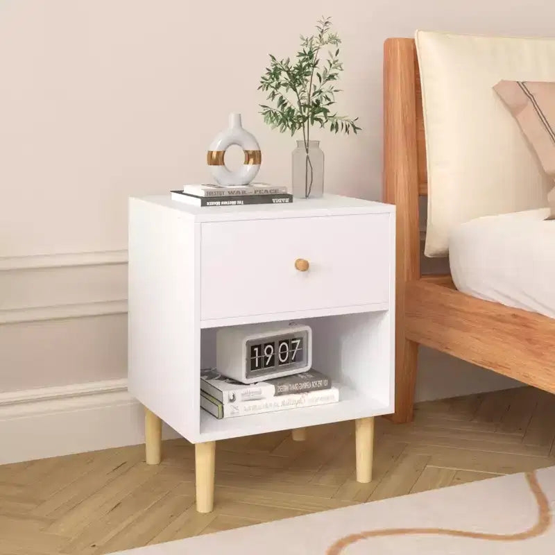 Kids Nightstand 23-Inch with 1 Drawer and 1 Shelf, White, Tool-Free Assembly