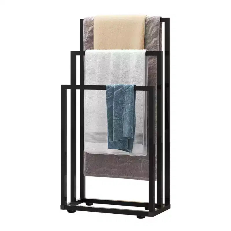 Freestanding 3-Tier Towel Drying Rack with Storage Shelf, Black Steel