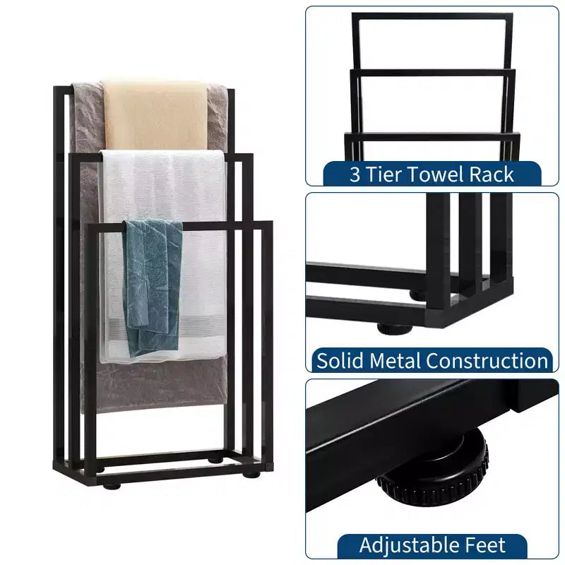 Freestanding 3-Tier Towel Drying Rack with Storage Shelf, Black Steel