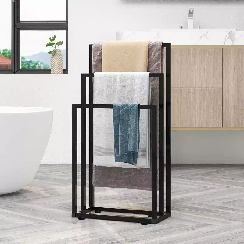 Freestanding 3-Tier Towel Drying Rack with Storage Shelf, Black Steel