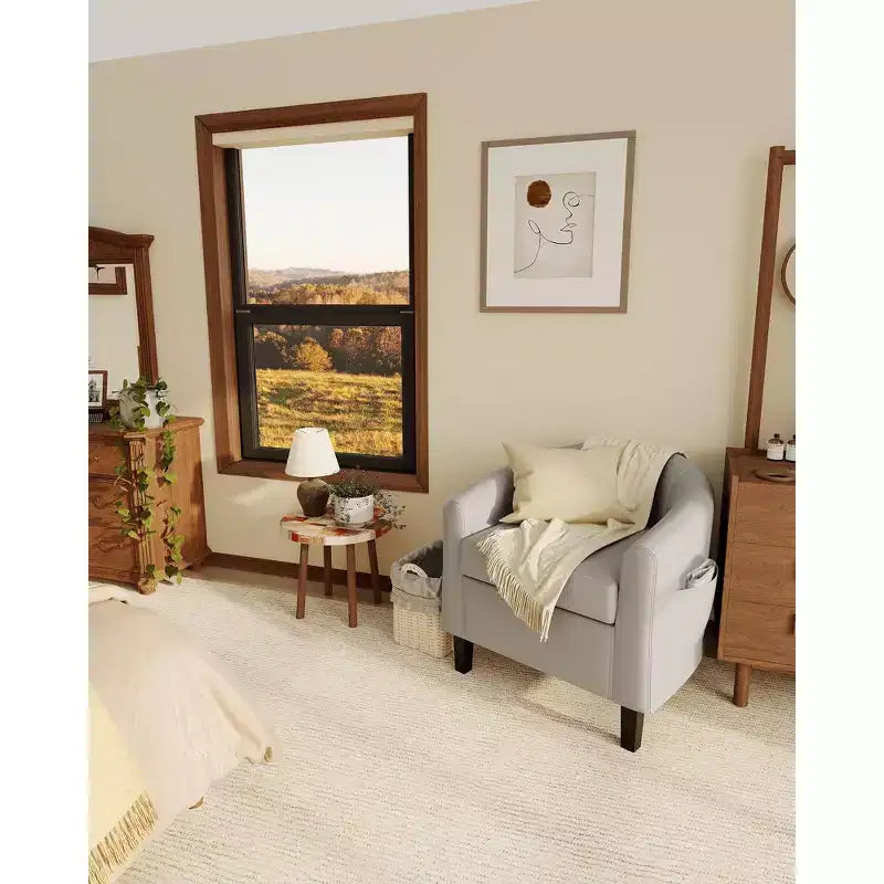 Set of 2 Faux Leather Accent Chairs, U-Shaped Backrest, Side Pocket