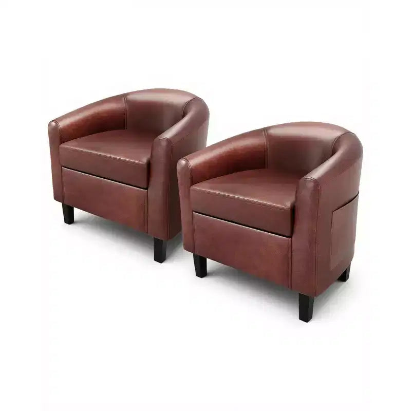 Set of 2 Faux Leather Accent Chairs, U-Shaped Backrest, Side Pocket
