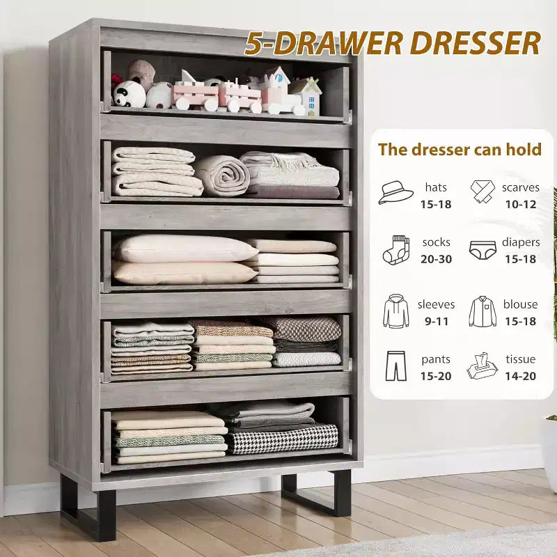 50.5-Inch Tall Dresser with 5 Deep Drawers for Bedroom or Hallway