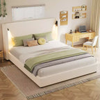 King Size Upholstered Platform Bed Frame with Padded High Wingback Headboard, Reading Lamp & USB Port, Beige - ModernLuxe