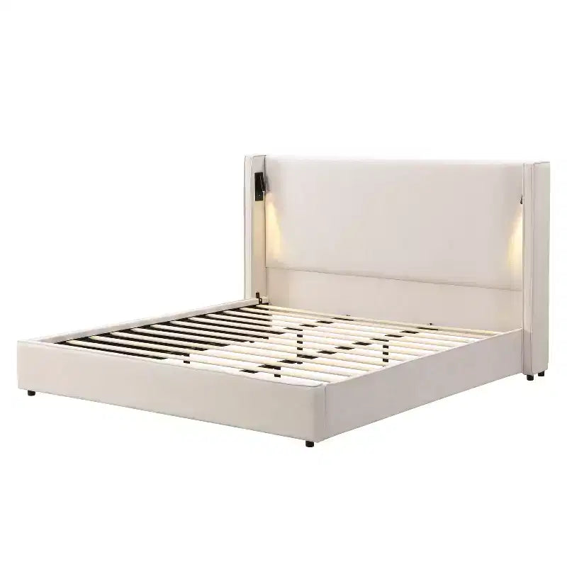 King Size Upholstered Platform Bed, Wingback Headboard, Reading Lamp & USB
