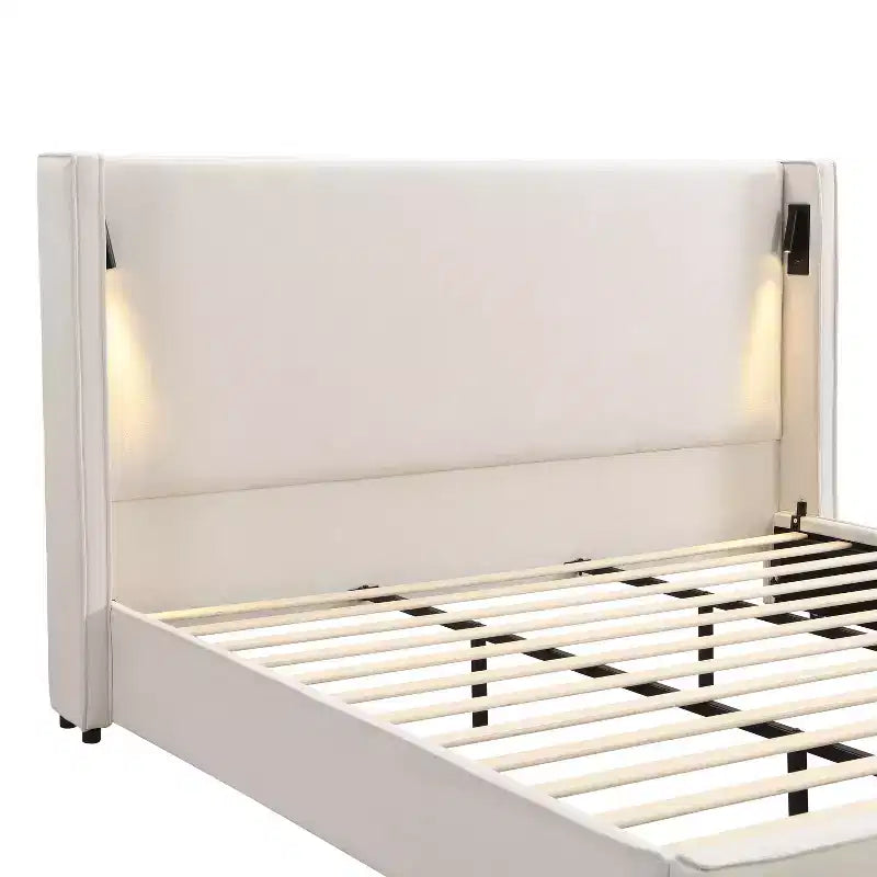 King Size Upholstered Platform Bed, Wingback Headboard, Reading Lamp & USB