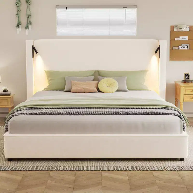 King Size Upholstered Platform Bed, Wingback Headboard, Reading Lamp & USB