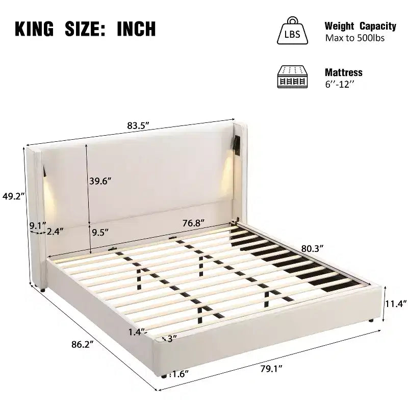 King Size Upholstered Platform Bed, Wingback Headboard, Reading Lamp & USB