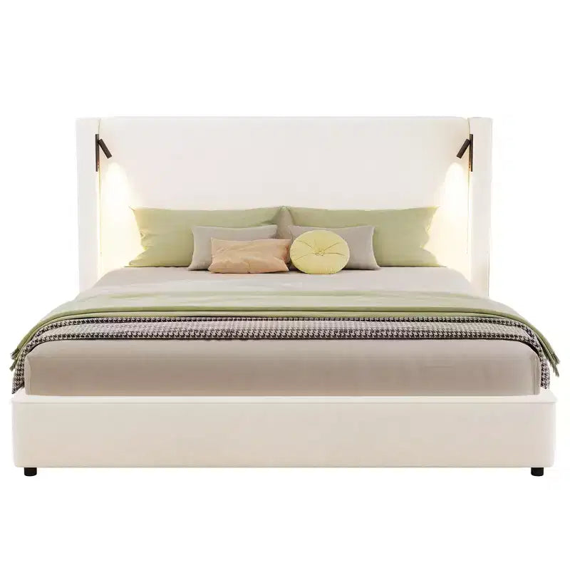 King Size Upholstered Platform Bed, Wingback Headboard, Reading Lamp & USB