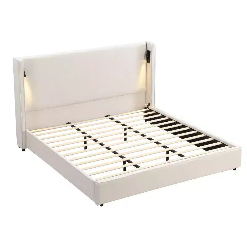 King Size Upholstered Platform Bed, Wingback Headboard, Reading Lamp & USB