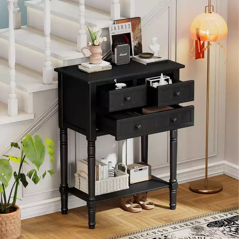 24-Inch Retro Narrow Console Table with 3 Drawers and Bottom Shelf