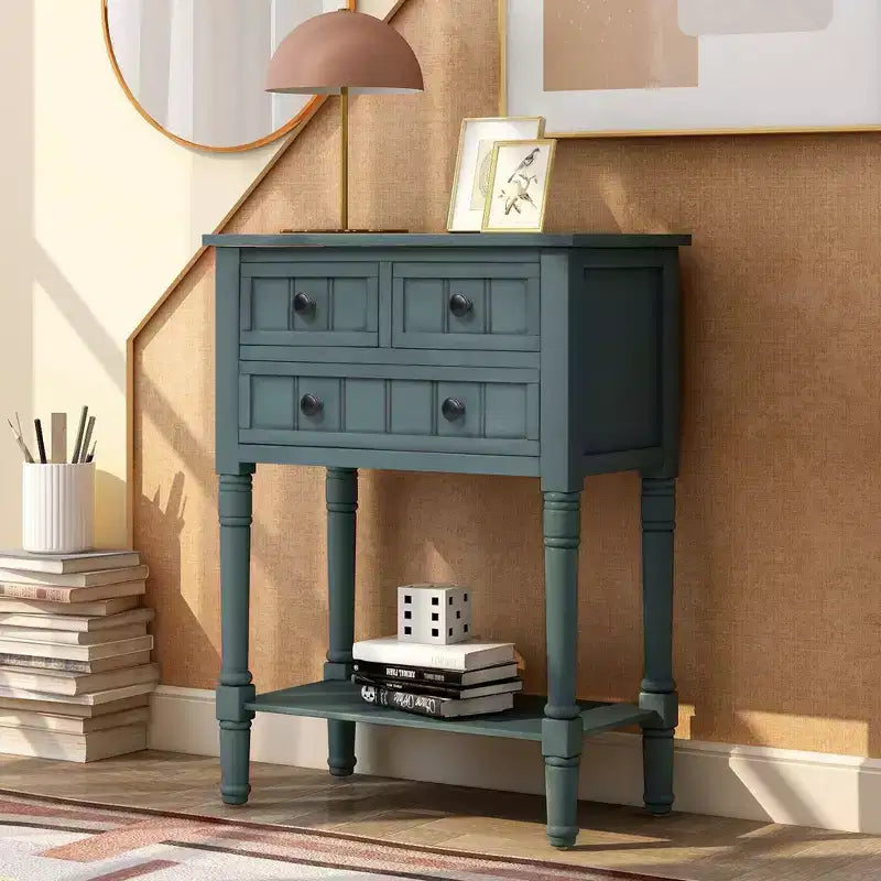 24-Inch Retro Narrow Console Table with 3 Drawers and Bottom Shelf