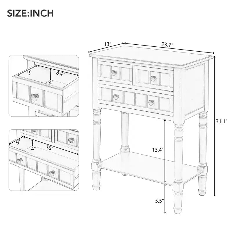 24-Inch Retro Narrow Console Table with 3 Drawers and Bottom Shelf