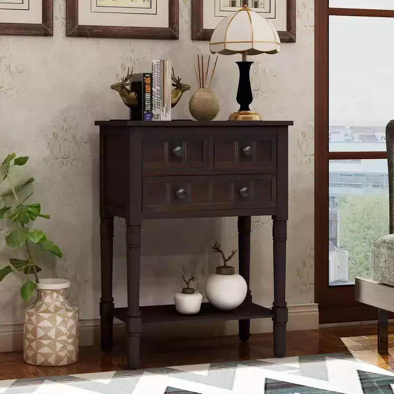 24-Inch Retro Narrow Console Table with 3 Drawers and Bottom Shelf