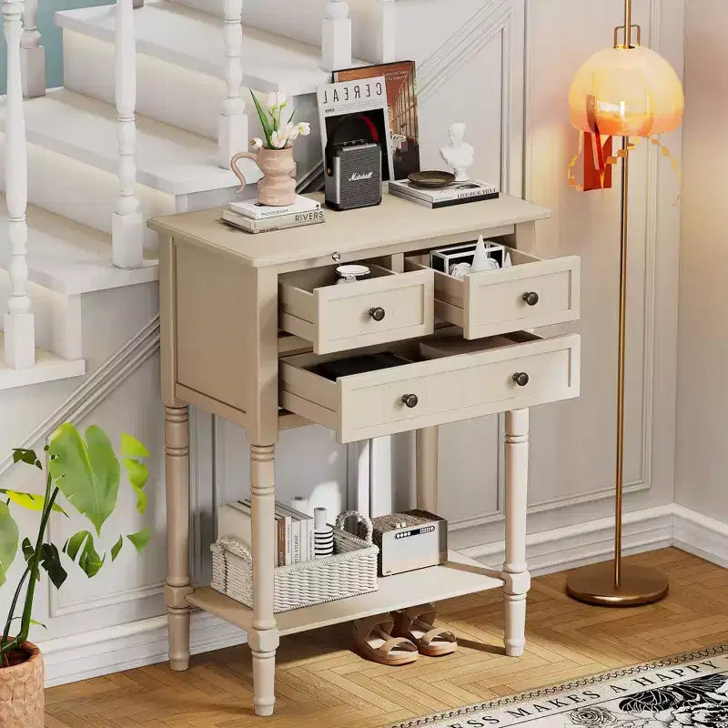 24-Inch Retro Narrow Console Table with 3 Drawers and Bottom Shelf