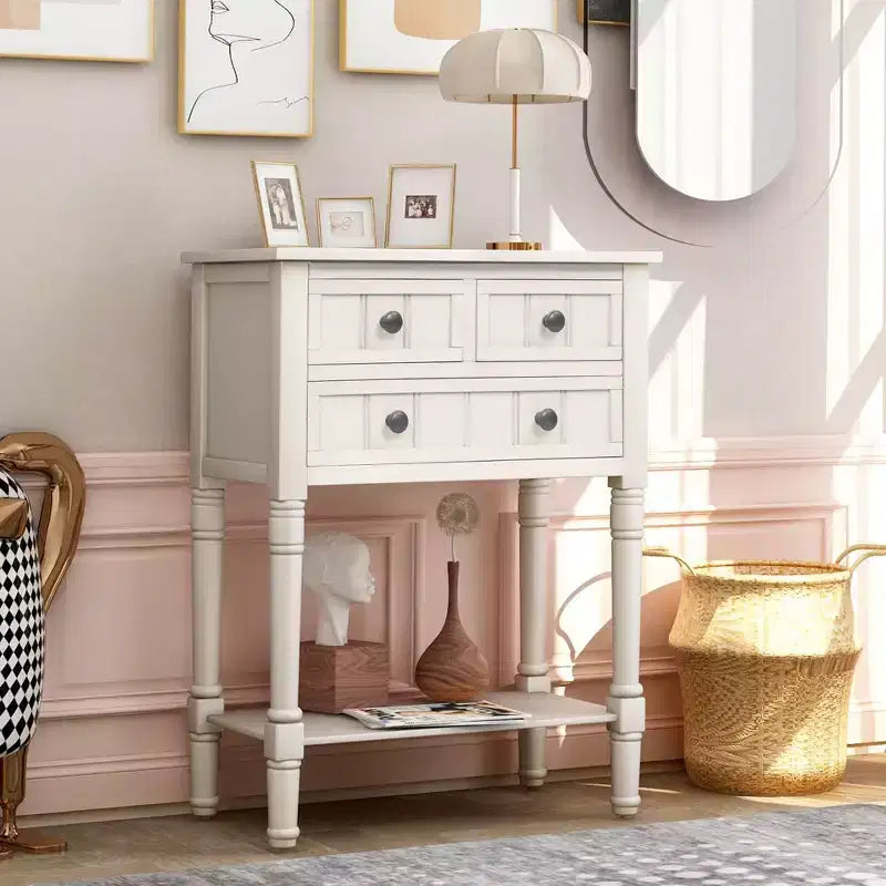 24-Inch Retro Narrow Console Table with 3 Drawers and Bottom Shelf