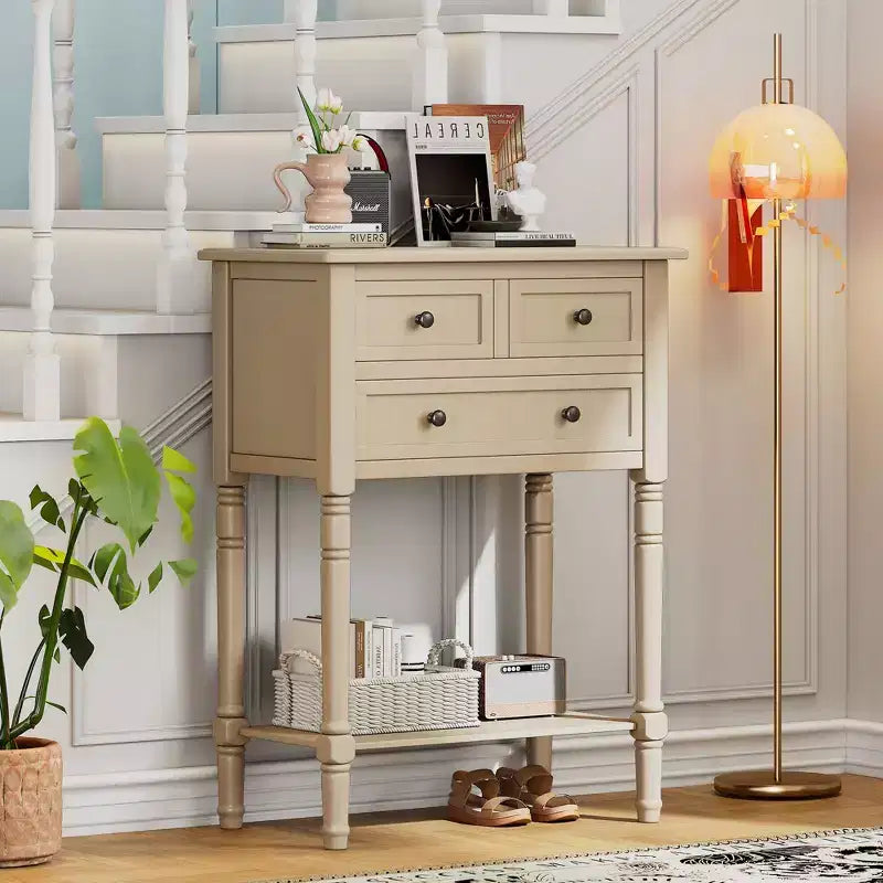 24-Inch Retro Narrow Console Table with 3 Drawers and Bottom Shelf