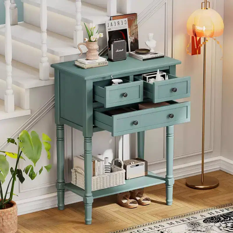 24-Inch Retro Narrow Console Table with 3 Drawers and Bottom Shelf