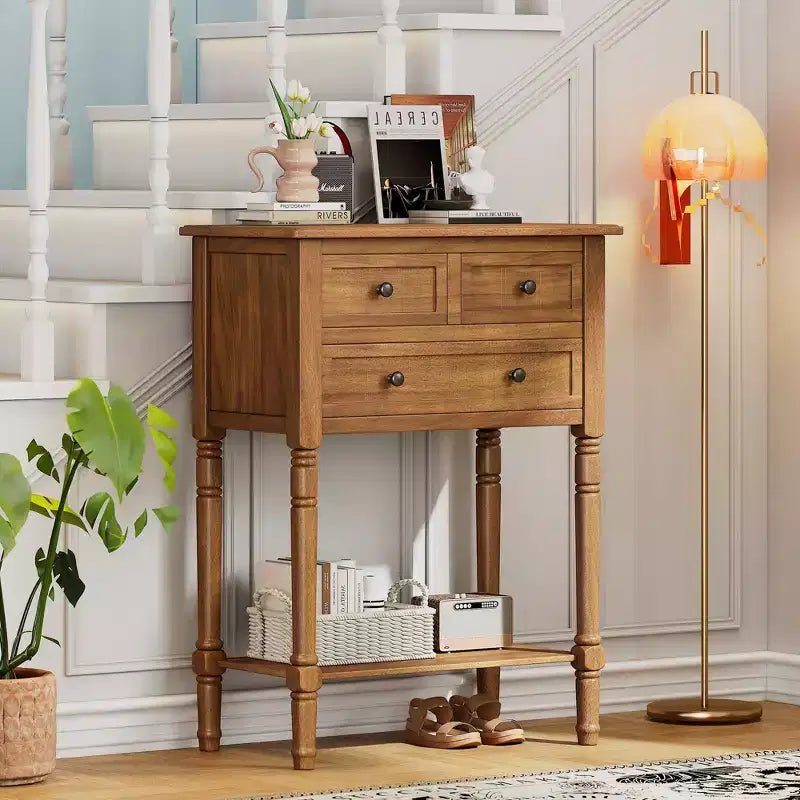 24-Inch Retro Narrow Console Table with 3 Drawers and Bottom Shelf