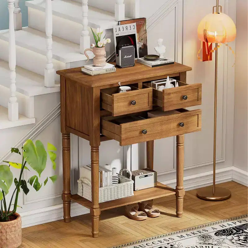 24-Inch Retro Narrow Console Table with 3 Drawers and Bottom Shelf