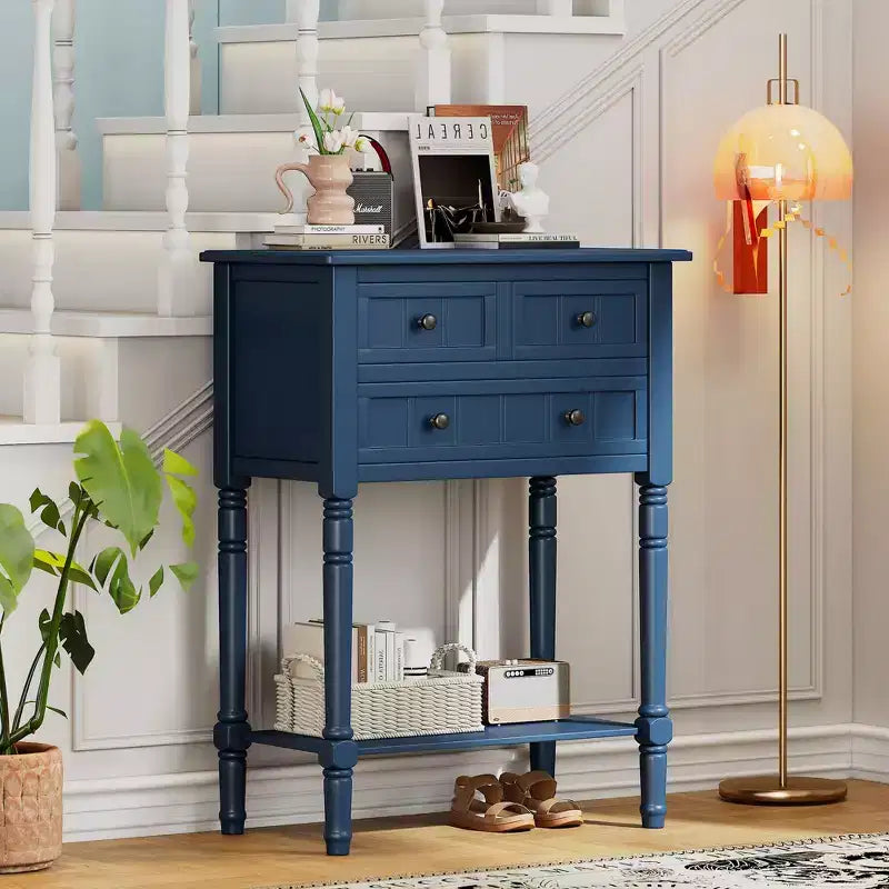 24-Inch Retro Narrow Console Table with 3 Drawers and Bottom Shelf