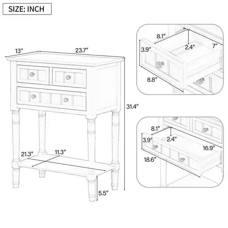 24-Inch Retro Narrow Console Table with 3 Drawers and Bottom Shelf